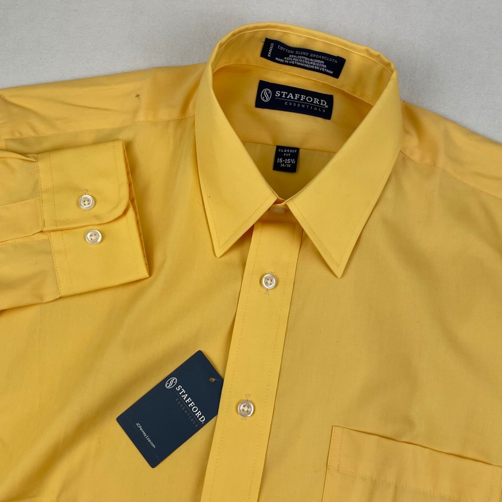 Stafford Essentials Mens Yellow Classic Fit Dress Shirt 15-15.5 34/35 Cotton